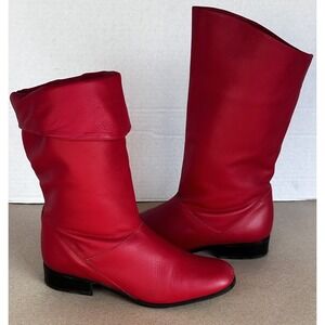 VTG Life Stride Red Leather‎ Mid Calf Boots 80s Slouch Peter Pan Boho Fold Over